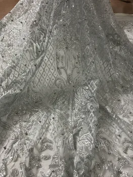 

Silver Printed glued glitter net Lace Fabric with beads Glued Glitter tulle fabric for beautiful dress or party dress