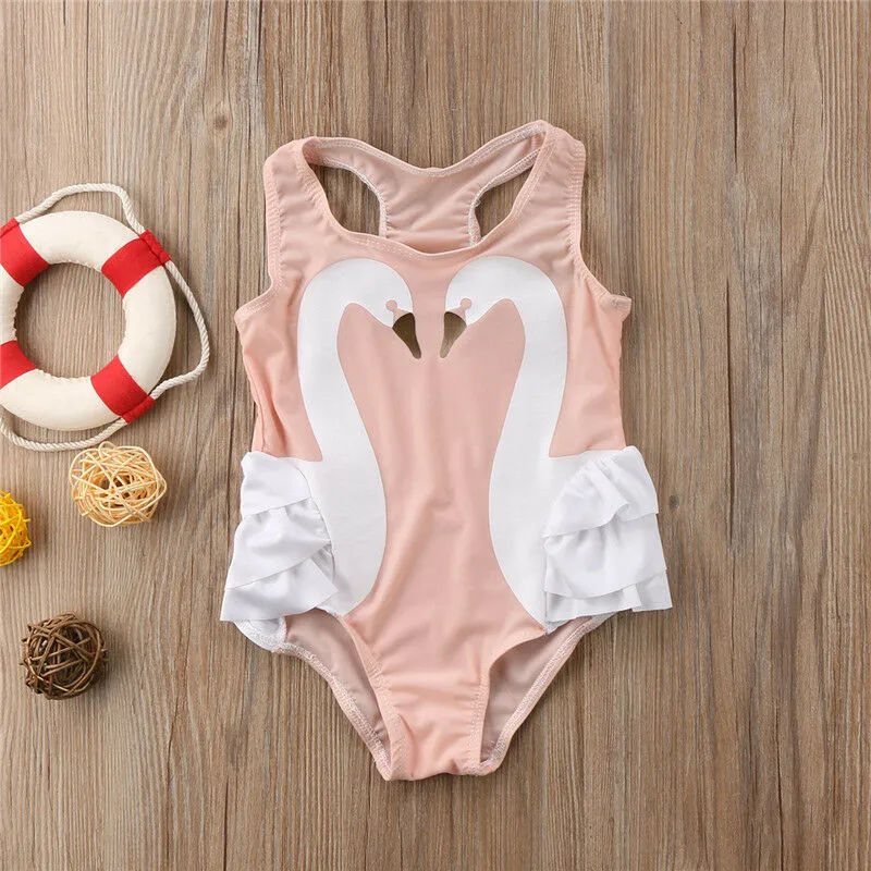 Toddlers Kids Swan Print Bikini Swimsuit Newest Baby Girls' One Piece High Waisted Swimwear Summer Sleeveless Beachwear Hot Sale | Спорт и