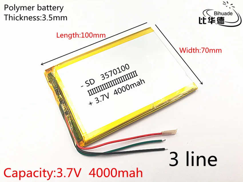 3 провода 1 шт./лот 3570100 3,7 в 4000 мАч полимерный литий-ионный аккумулятор для планшетных ПК 7 дюймов 8 дюймов 9 дюймов
