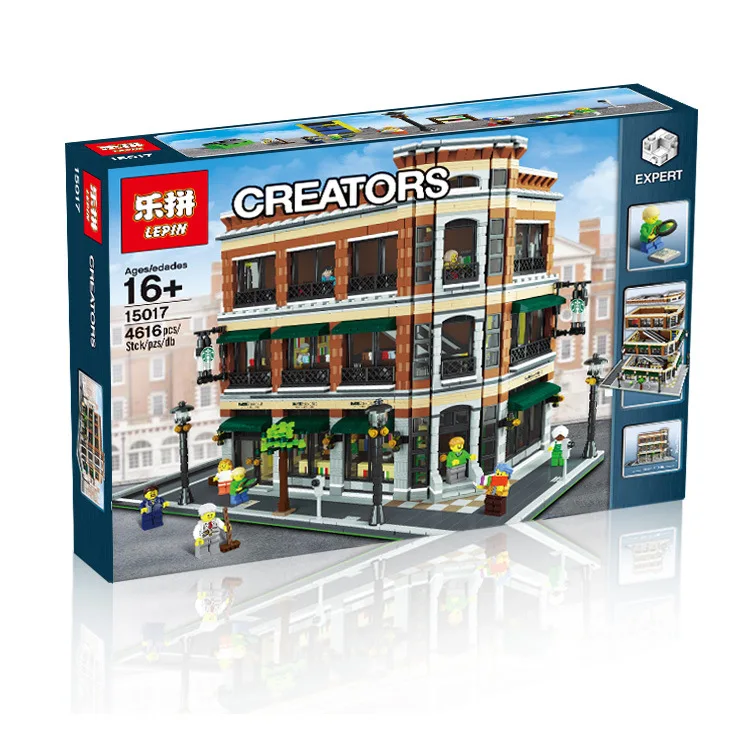 016 LEPIN 15017 4616Pcs City Street Creator Starbucks Bookstore Cafe Model Building Kit Blocks Bricks Compatible