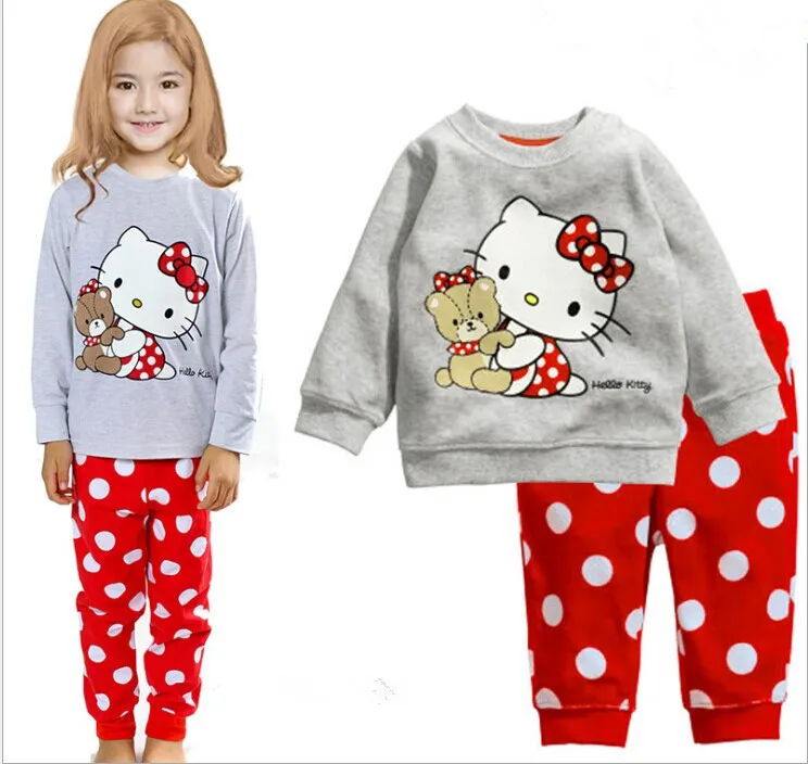 2016 spring and autumn new girl children dot KT cat loose long sleeved pants font b