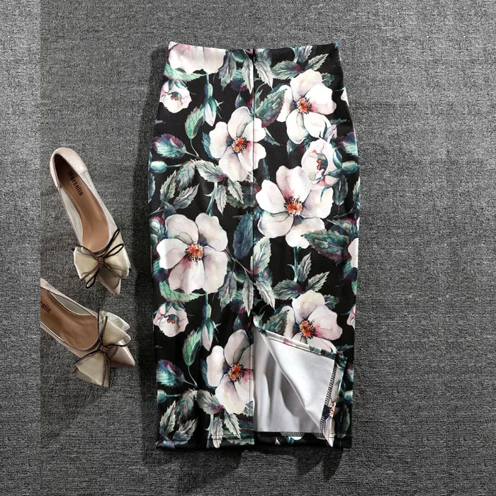 Women Skirts Print Flowers Fashion Pencil Skirt Casual Skirts Plus Size Faldas Mujer Jupe Femme
