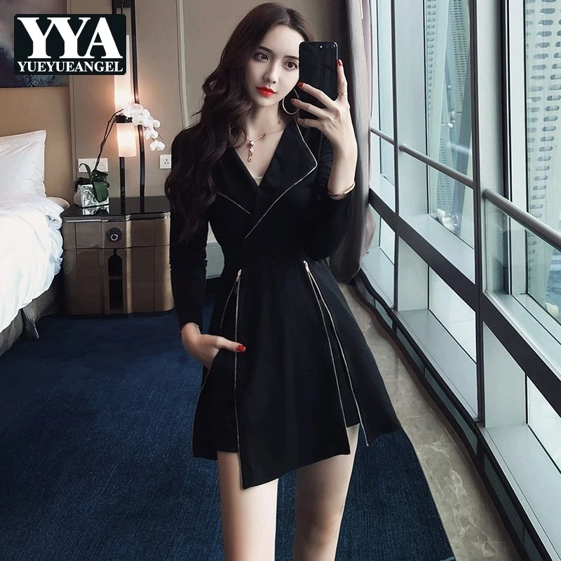 

New Fashion Women Harajuku Dress And Shorts Lapel Zippers Slim Elegant Lady Party Dress Autumn 2 Piece Female Korean Clothing