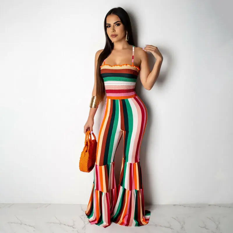 

Rainbow Striped Sexy Bodycon Jumpsuits For Women Spaghetti Strap Backless Flare Romper Summer Sleeveless One Piece Party Overall