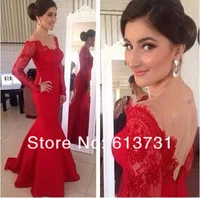 New Arrival Women Mermaid Prom Dresses With Long Sleeves Backless Red Evening Party Gowns Floor Length