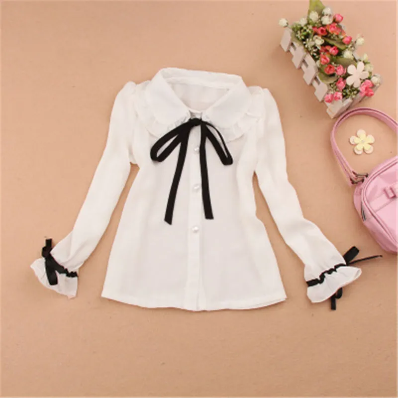 

New 2016 Autumn kids clothes children clothing school girl blouse cute bow chiffon child shirt girls clothes age 2-16Y