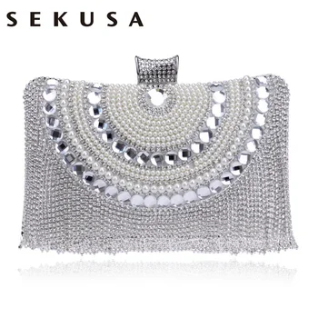 

SEKUSA Crystal Pearl Women Clutch Bag Diamonds Beaded Chain Shoulder Handbags Tassel Rhinestones Small Purse Evening Bag