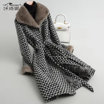 

Real Fur Coat Winter Jacket Women Natural Wool Fur Liner Tweed Coat Female Mink Fur Collar Warm Plaid Jackets Abrigo Mujer 38222