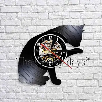 

Cat Silhouette Wall Art Decorative Clock Vintage Vinyl Record Wall Clock 3D Wall Watches Home Clock For Children's Room