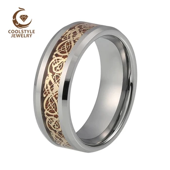 

Mens Tungsten Carbide Ring Wedding Band 8MM With Gold Dragon Koa Wood Inlay Comfort Fit