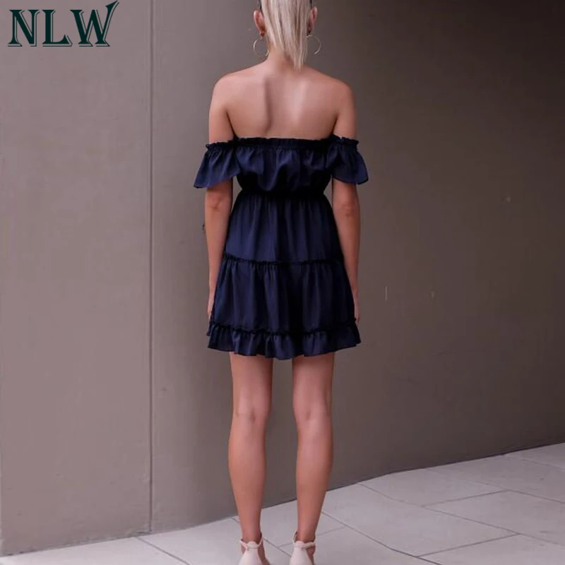 NLW женское красное летнее платье с рюшами Vestidos 2019 открытыми плечами открытой
