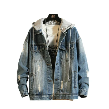 

2019 New Mens Denim Jacket Coat Loose Fit Men Hip Hop Ripped Jeans Jackets Hoodies Cowboy Plus Size 5XL Single Breasted Casual