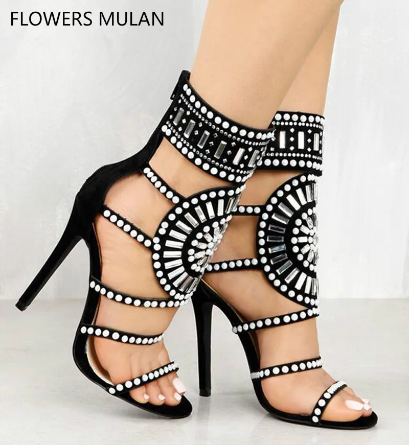 Women Fashion Open Toe Rhinestone Design High Heel Boots Sandals Cut-out Crystal Ankle Wrap Gladiator Dress Shoes Woman | Обувь