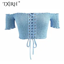 Милый txjrh с перекрестной шнуровкой, с бантом, с вырезом лодочкой, без бретелек, футболка без спины, с открытыми плечами, укороченная футболка, 2 цвета