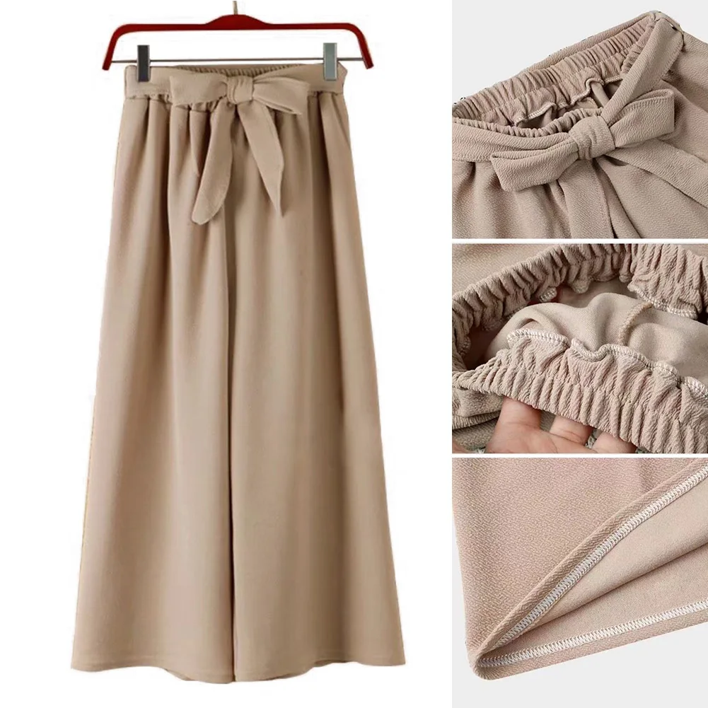 Новые женские длинные брюки эластичность талии тонкий кружевной бант широкие