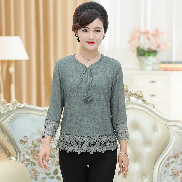 lace patchwork top tshirt pullover spring autumn new middle old age women knitwear shirt plus