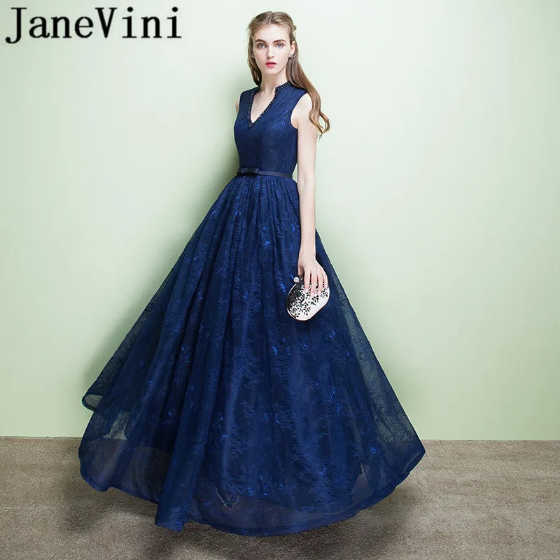 

JaneVini Charming Navy Blue Mother of the Bride Dresses A Line V Neck Lace Beaded Sleeveless Floor Length Formal Evening Gowns