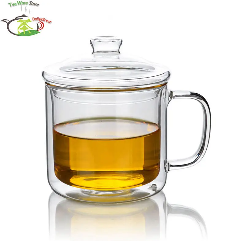 

2 pcs/lot 400ml Heat-Resisting Double Wall Glass Tea Drink Cups Mugs with Lid