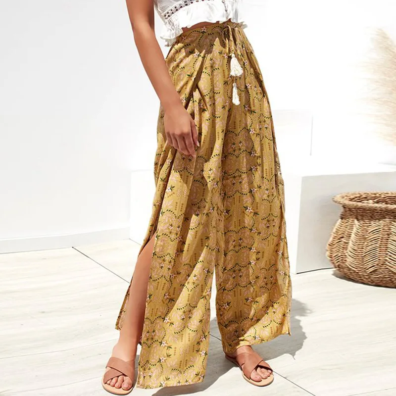 IUURANUS Casual High Waist Wide Leg Pants Women 2019 Summer Beach Split Trousers Female Holiday Vintage Floral Prints Capris IUURANUS Casual High Waist Wide Leg Pants Women 2019 Summer Beach Split Trousers Female Holiday Vintage Floral Prints Capris