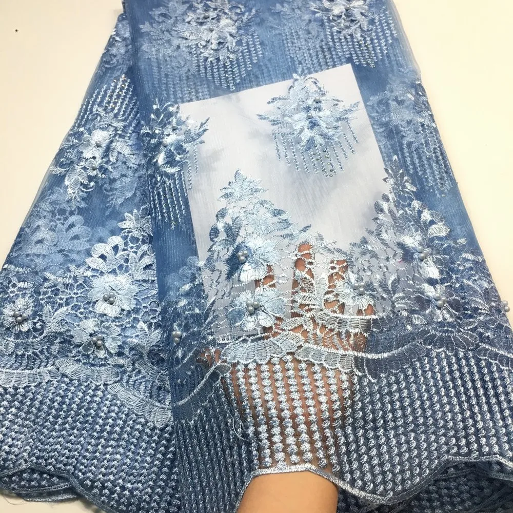 

2019 High Quality African Lace Fabric Sky Blue French Net Embroidery Tulle Lace Fabric for Nigerian Wedding Party Dress M31591