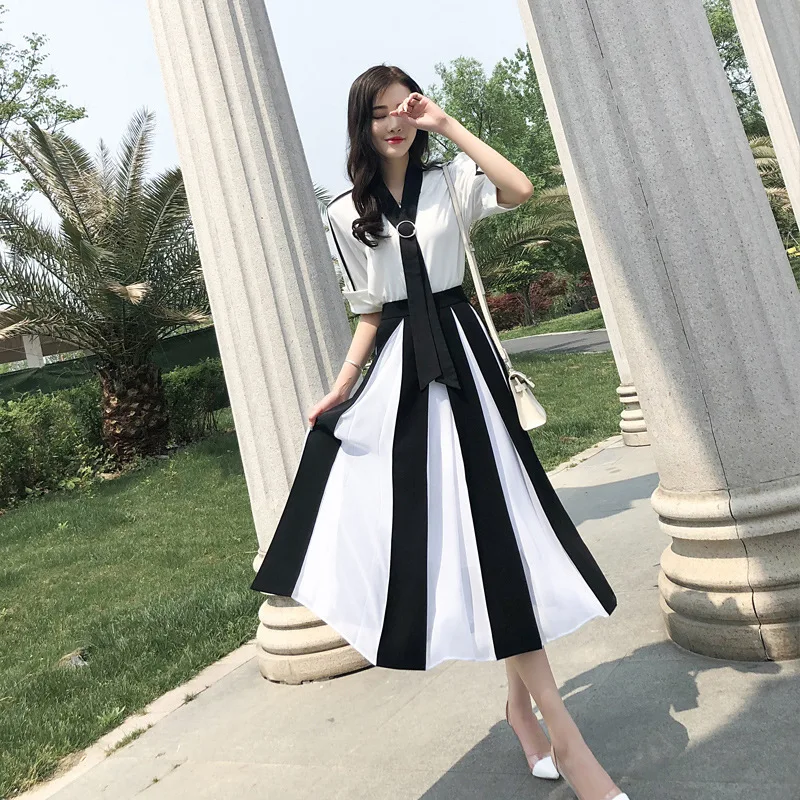 

2019 Newest Fashion 2 Piece Set Woman White Shirt+Long Skirt Set Vintage Patchwork Chiffon 2 Pcs Sets Casual Office Suits S-2XL