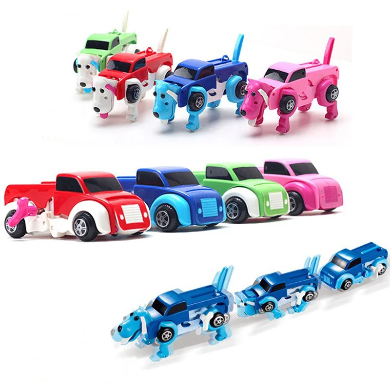 

4 colors 14cm No need Batteries Automatic Transformation Dog Car Vehicle Clockwork Wind up for kids Deformation toys