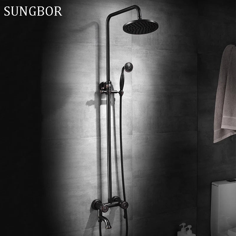

Black Bronze Bathroom 8" Rainfall Shower Faucet Set Single Handle Bath Shower 3 function Mixer Taps Wall Mounted with Handshower