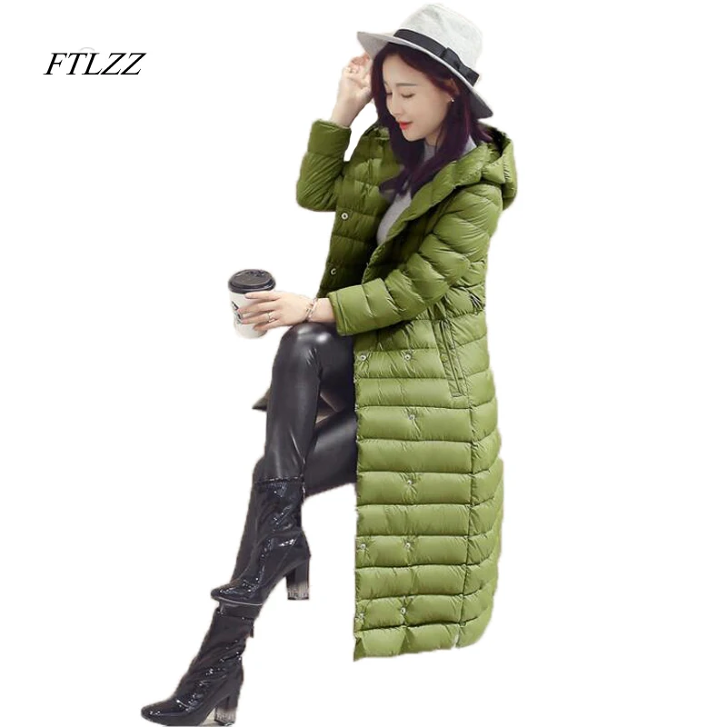 

FTLZZ New Winter Women Duck Down Jacket Long Design Slim Fashion Snow Wear Ultra Light Parkas Elegant Overcoat Casual Jacket