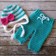 Красивое кружево кроше ручная работа детская полосатая шляпа с бантом с зелеными штанами детские костюмы для новорожденных реквизит для фотосъемки хлопок