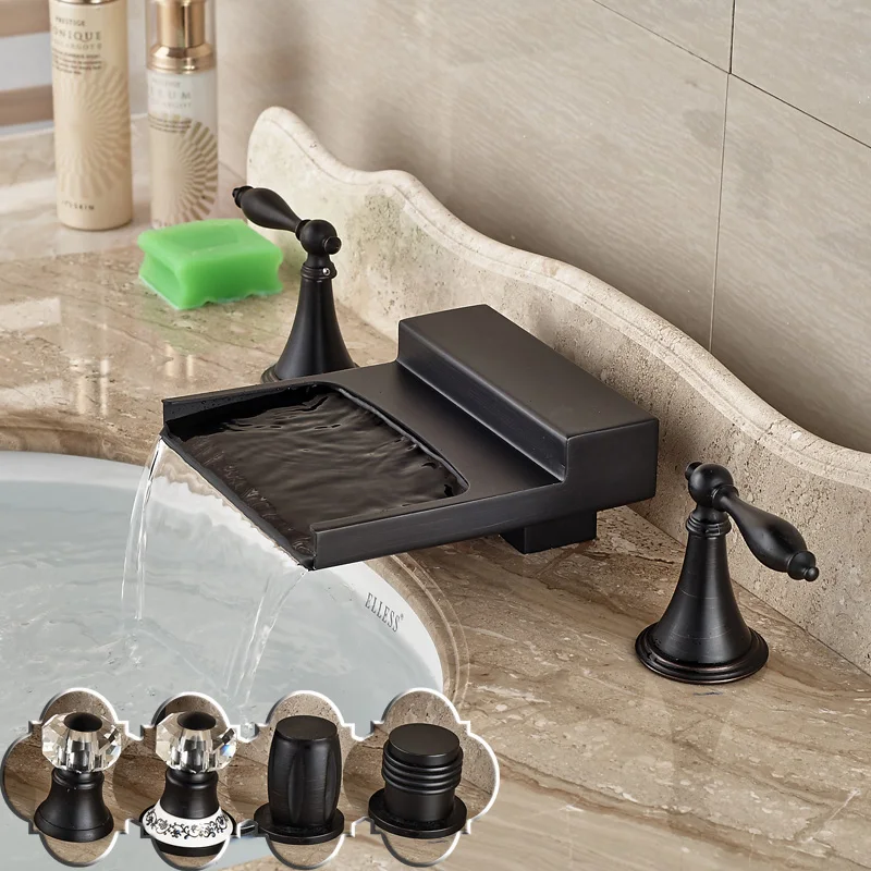 

Black Double Handle Basin Faucet Tap Deck Mounted Wide Waterfall Tub Sink Mixer Taps Oil Rubbed Bronze Finish