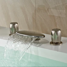 New Deck Mounted Brushed Nickel 3pcs Bathroom Vessel Sink Faucet Waterfall Bath Widespread Sink Basin Faucet