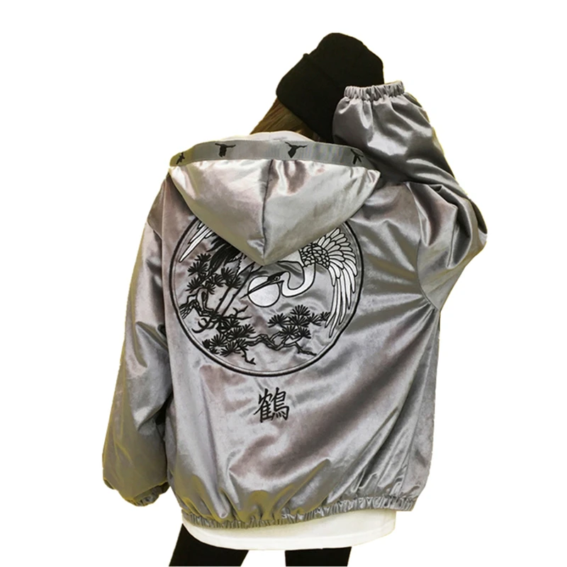 

Women Winter Hooded Velvet Parkas Harajuku Crane Embroidery Jackets Female Loose Plus Size Long Sleeve Casual Wadded Coats Z271