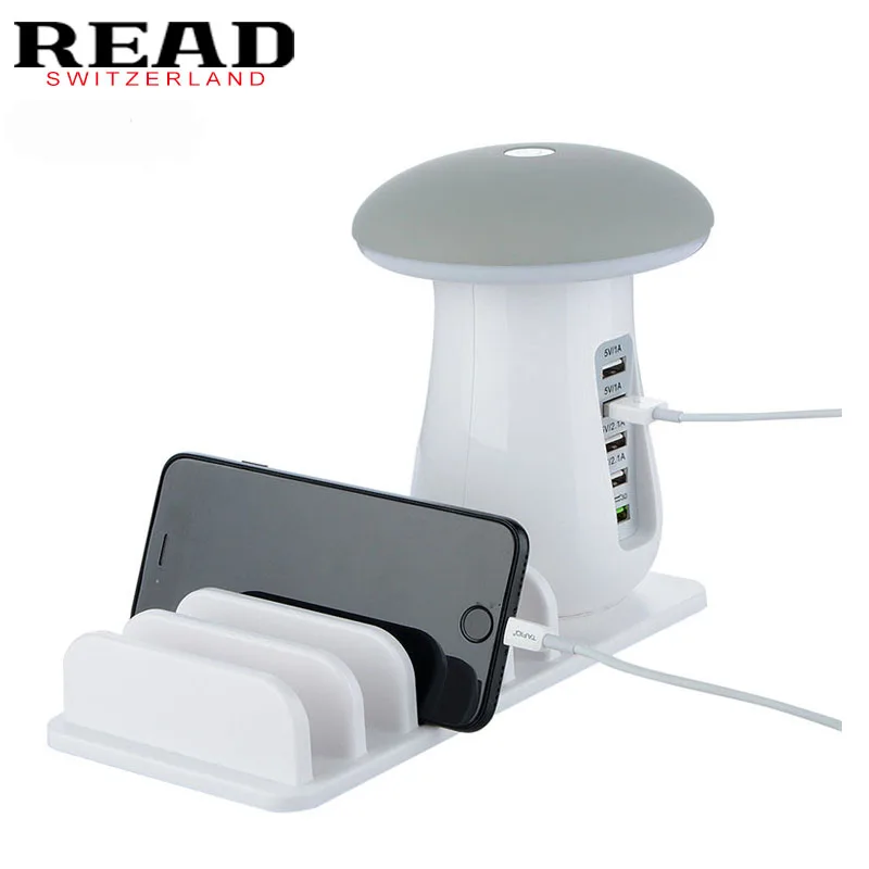 

READXLD8888 5 Port Quick Charge 3.0 USB Charger Hub Travel Charger Adapter LED Mushroom Night Lamp Desk Table Light+Phone Holder