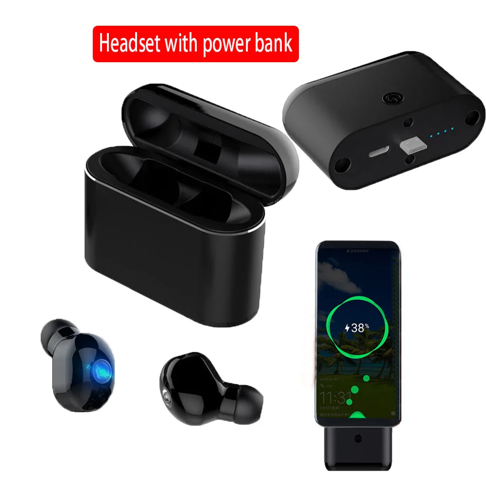 

TWS Mini Wireless Bluetooth headpone with Type-C power bank Battery mini 1600mAh Sport Music Earbuds HIFI Stereo headpone
