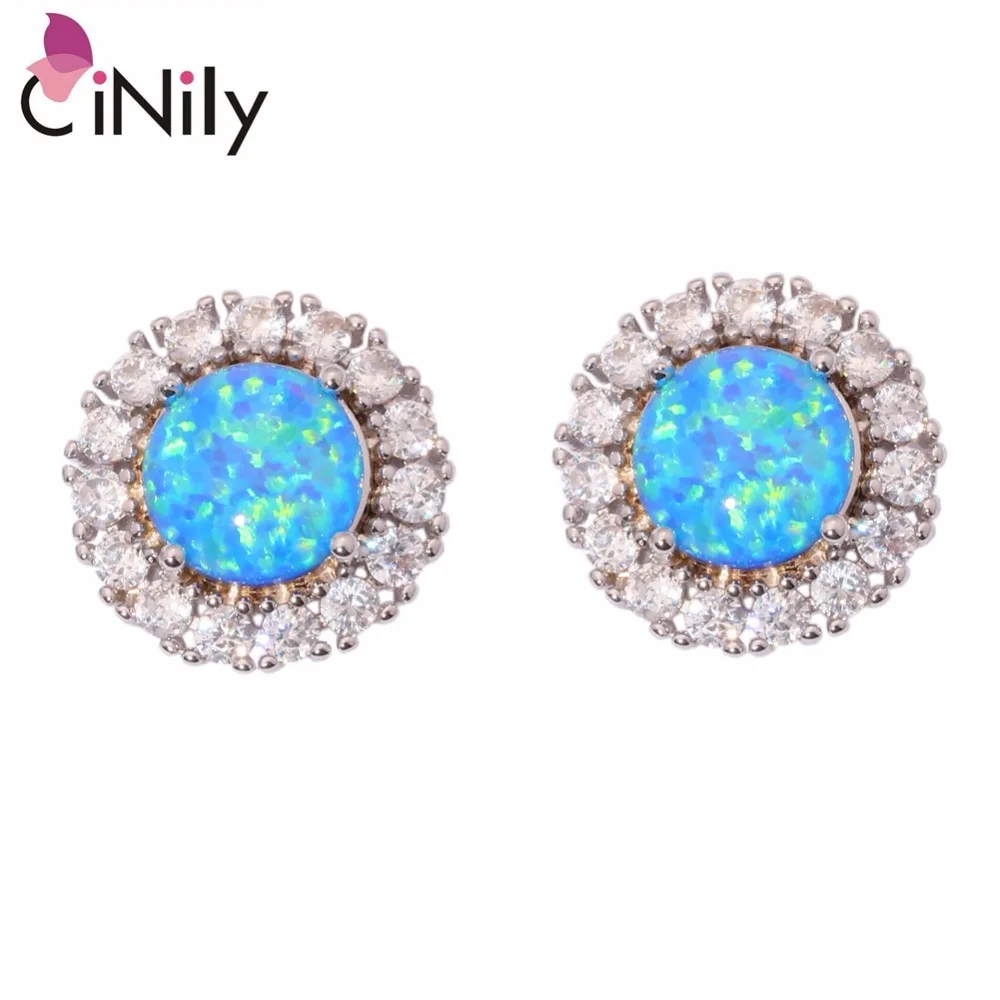 

CiNily Created Blue Fire Opal Cubic Zirconia Silver Plated Earrings Wholesale Hot for Women Jewelry Stud Earrings 14mm OH3664