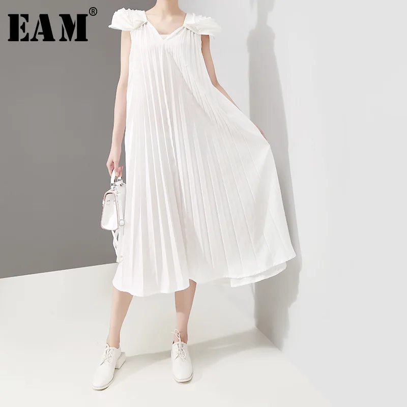 

[EAM] 2019 New Spring Summer V-Neck Sleeveless Black Three-dimensional Flower Pleated Split Big Size Dress Women Fashion JW417