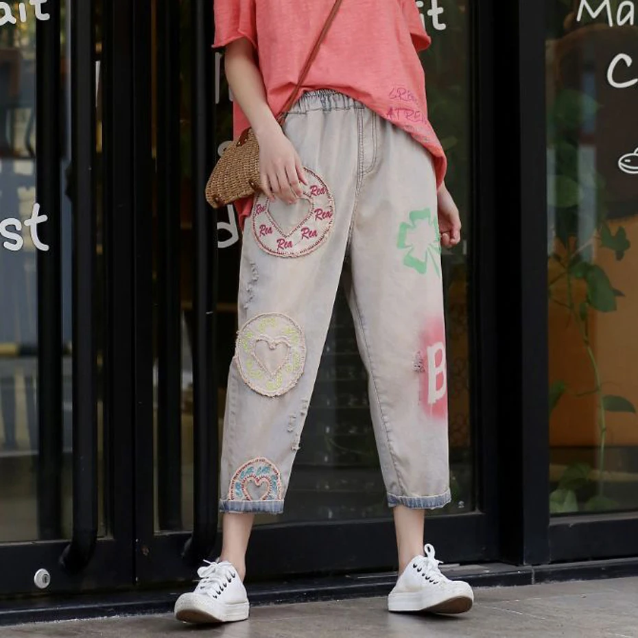 Women Denim Harem Pants Bottom Jeans Trousers Loose Big Embroidery Off White Fashion Casual Vintage for Spring Summer 92052