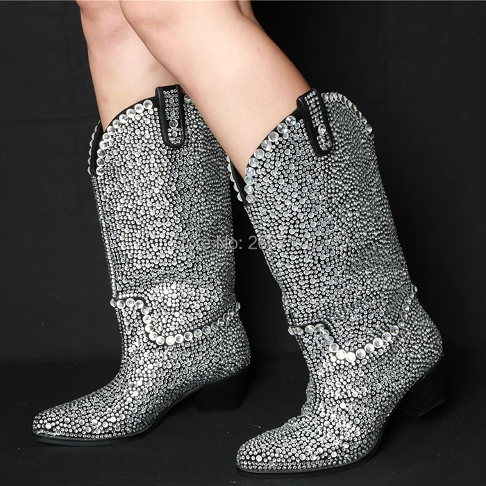Botas Haute Qianruiti As Bottes Femmes De Bottines Diamant Chaussures Cristal Bloc Pic Bout as Genou Talon Med Longues Luxe Designer Strass Pic Pointu qrA0qw8