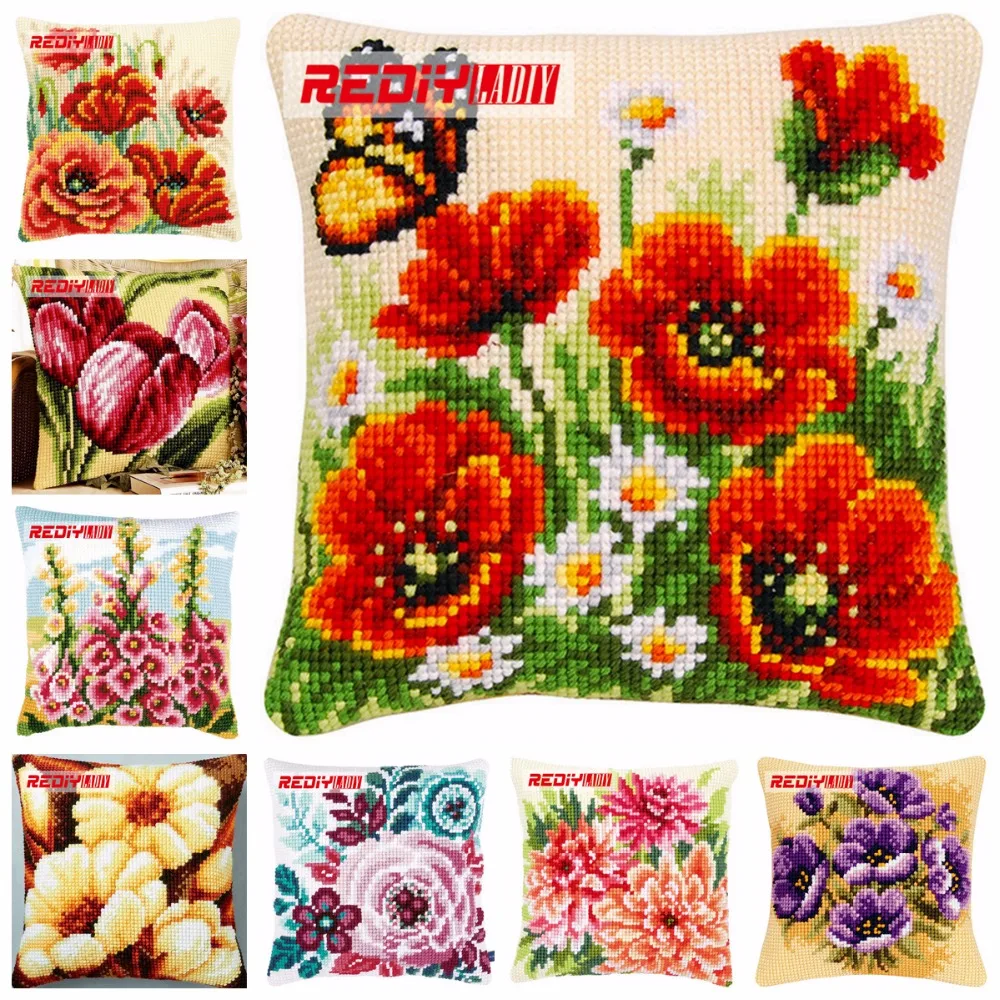 

REDIY Cross Stitch Cushion Cover POPPIES Decorative Pillow Case Chair Seat Cushions Chunky Yarn Cross-Stitch Kits Throw Pillows