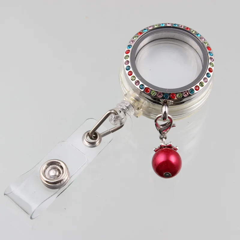 New 30mm Crystal Floating Locket Stainless Steel Glass Locket Pendant With Retractable ID Badge