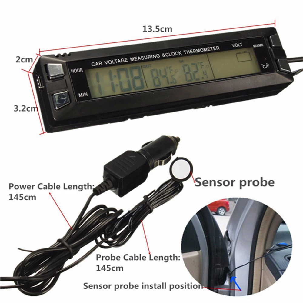  Universal 12V/24V Red/Orange Backlight Car Digital LCD Display Clockindoor/outdoor ThermometerVolta