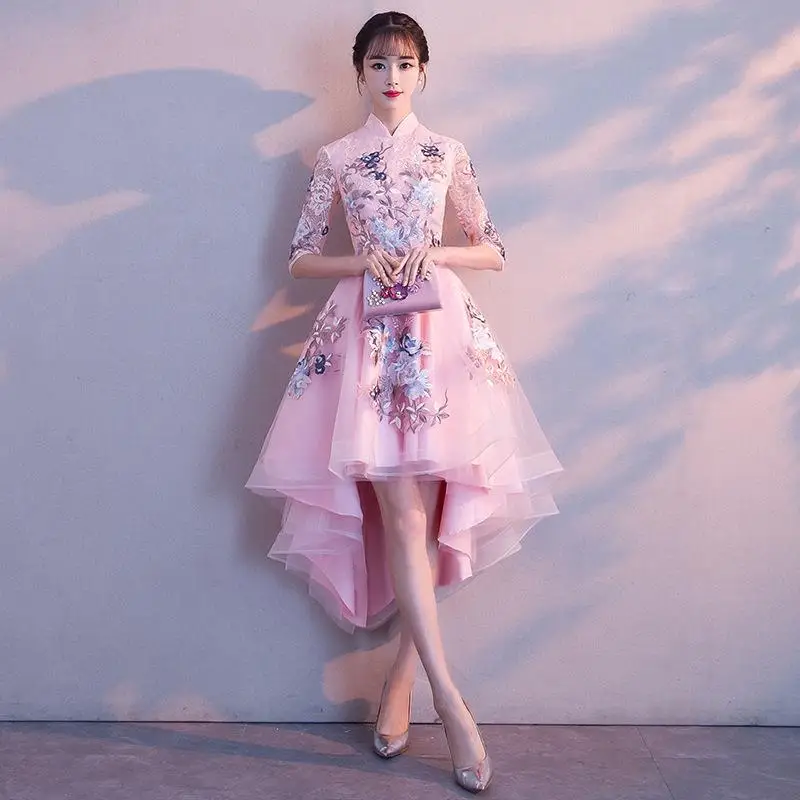 Розовое женское платье подружки невесты в китайском стиле, винтажное платье с вышивкой, Чонсам с цветами, Элегантное Длинное тонкое платье Qipao, а-силуэт, вечерние платья - Цвет: Pink Short