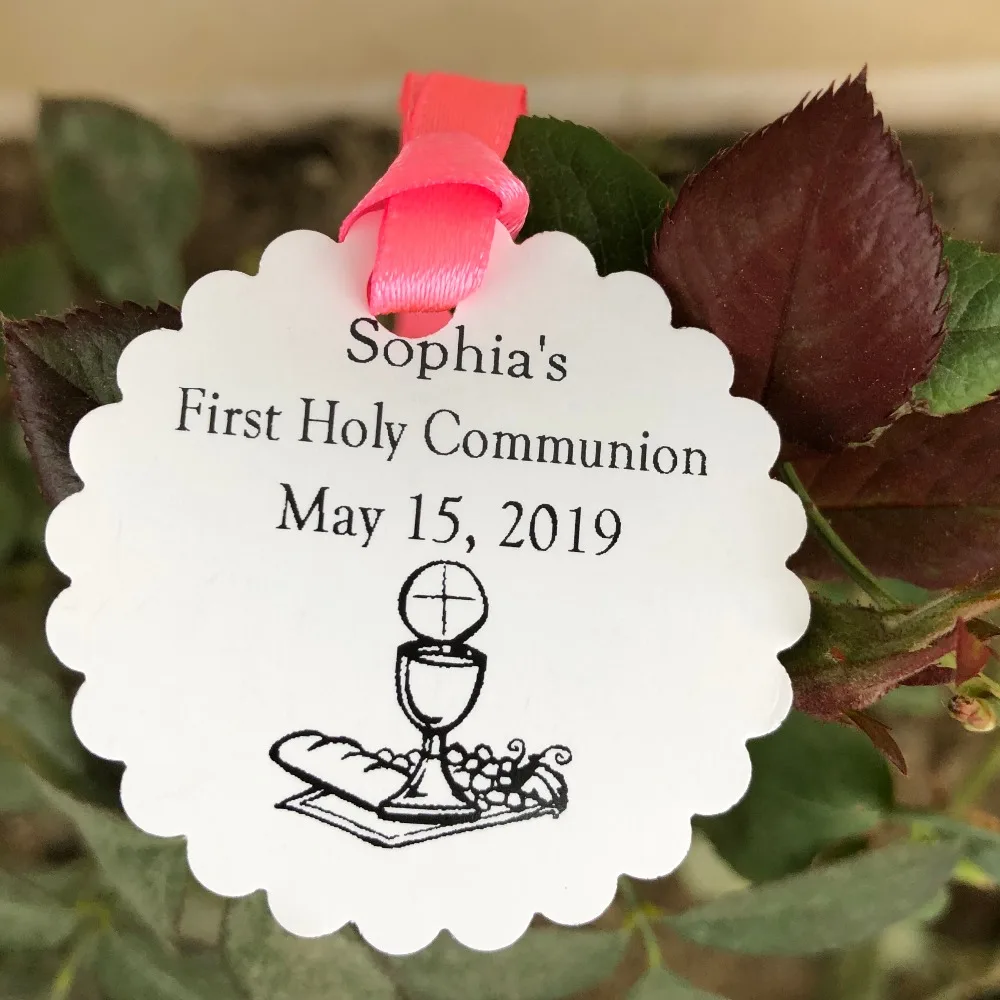 

30 Personalized name First holy communion Baptism party favor souvenir tags with chalice grape