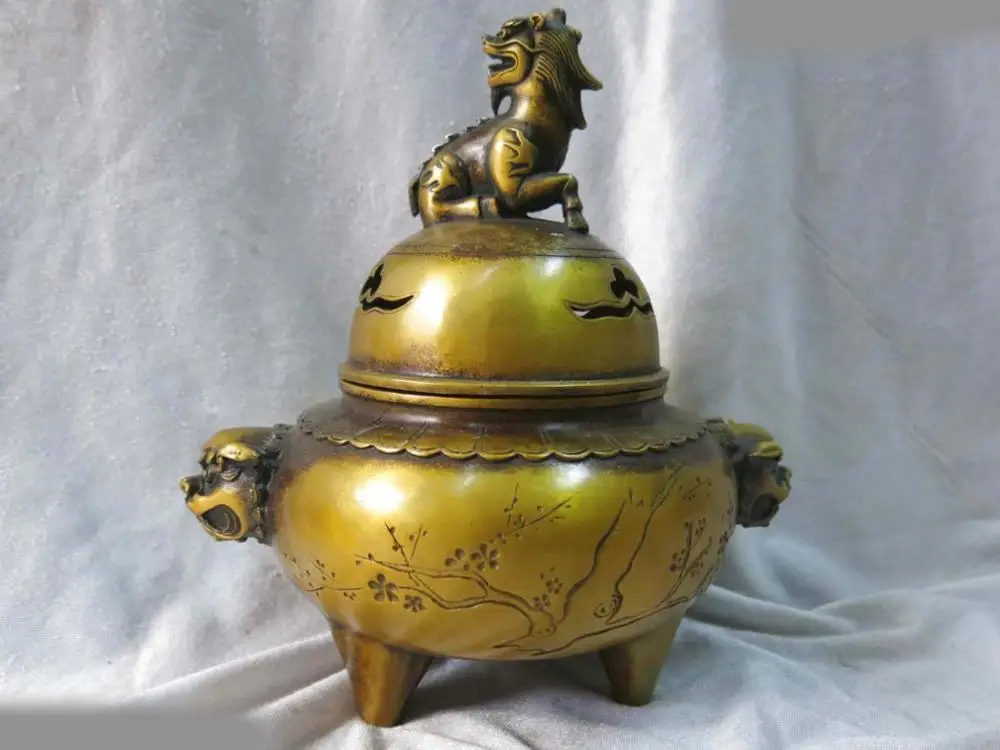 

10" China fine brass copper censer plum blossom Foo Dogs Lion incense burner