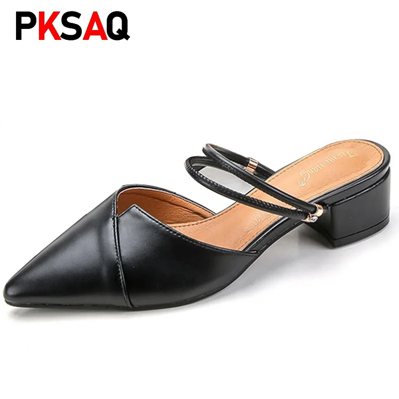 

Women Pumps 2019 Party Women Mules Slipper Pointed Toe Block Strap Closed Shallow High Heels Shoes Beige Korean women Sandals