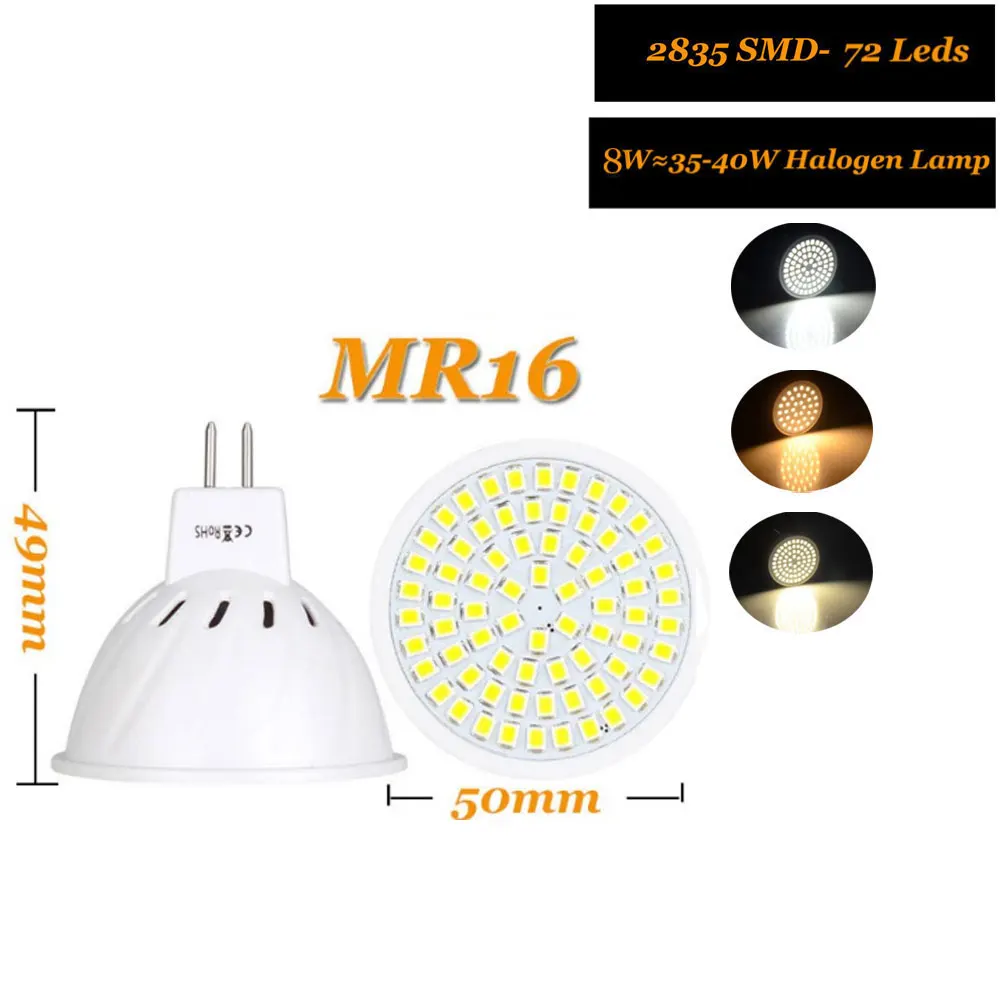 Bombilla LED MR16 para interior del hogar, foco de 36, 54, 72, SMD 2835, CA 110V, 220V, cc 12V, 24V