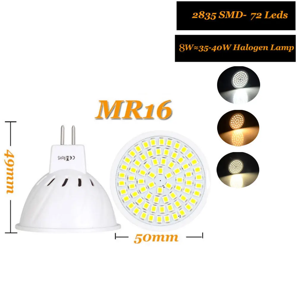 Lâmpada LED interior Spotlight, Lâmpada LED, Home Spot Light, MR16, SMD 2835, 36 LEDs, 54 LEDs, 72LEDs, AC 110V, 220V, DC 12V, 24V