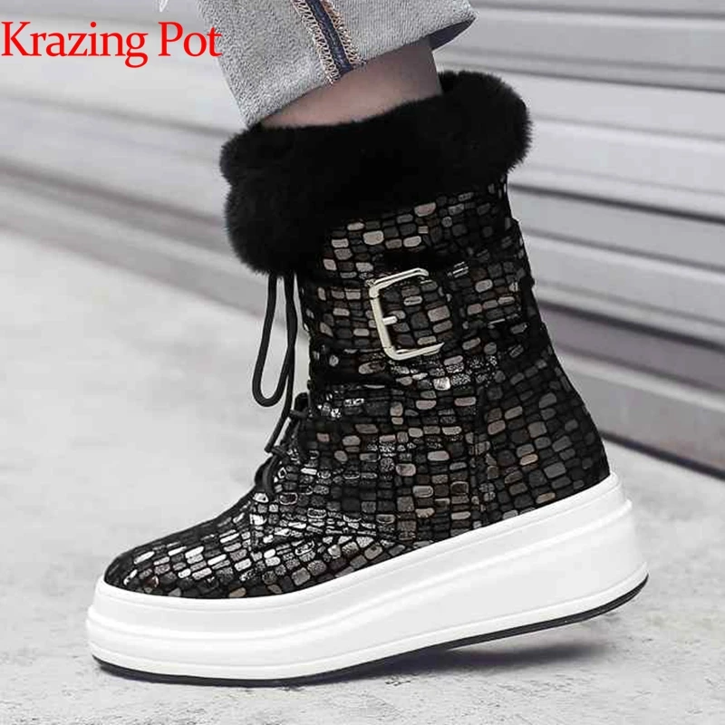 

Krazing Pot patterns sheep leather round toe metal buckle snow boots flat platform keep warm lace up Winter mid-calf boots L2f3