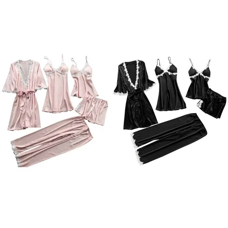 

Womens Plus Size Summer Faux Silk 5 Piece Pajamas Set Crochet Floral Lace Applique Trim Sleepwear Solid Color Nightgown Babydoll