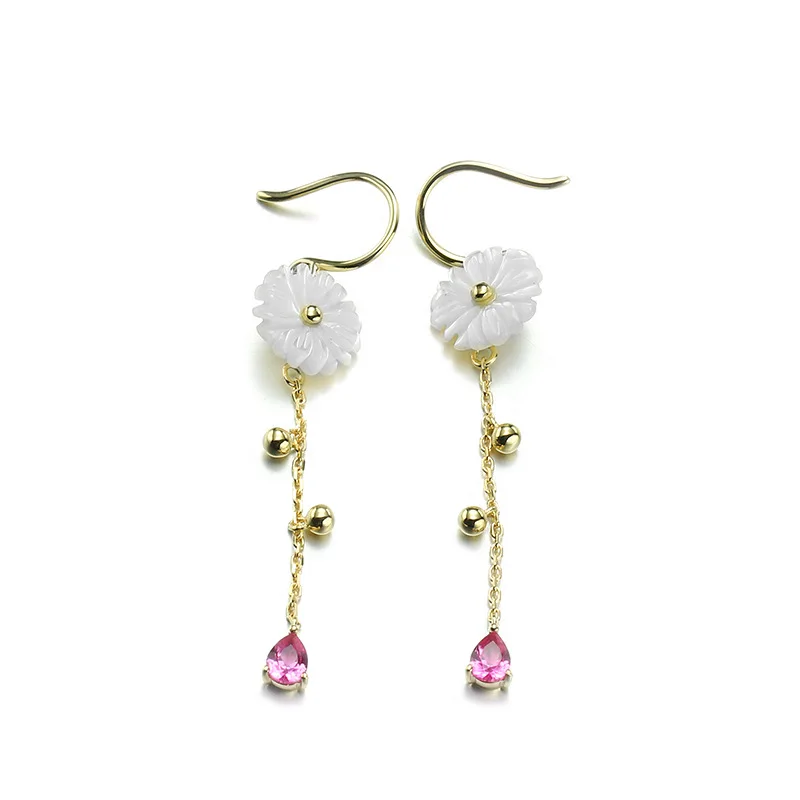 

Bohemia 9K Pure Real Yellow Gold Seashell Dangle Earrings for Women Girl Fancy Solid Crystal Drop Fine Anniversary Jewelry Gift